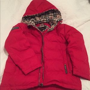 Red puffer winter coat. Burberry style plaid hood.